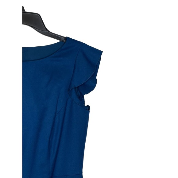 Talbots Women Sheath Dress Italian Flannel Wool Flutter Sleeve Minimalist Blue 8 - Picture 4 of 10